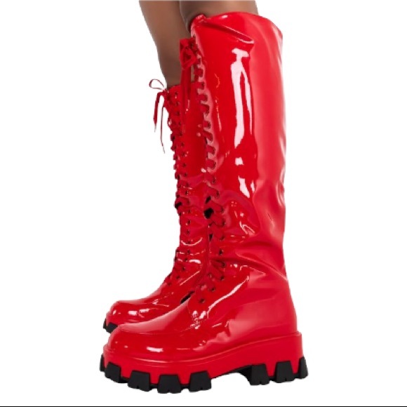 Dolls Kill Shoes - Dolls Kill Firehouse Red Patent Leather Tall Slouchy Knee High Chunky Sole Boots